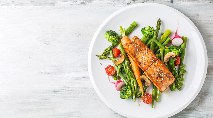 Salmon Vegetables on a white plate