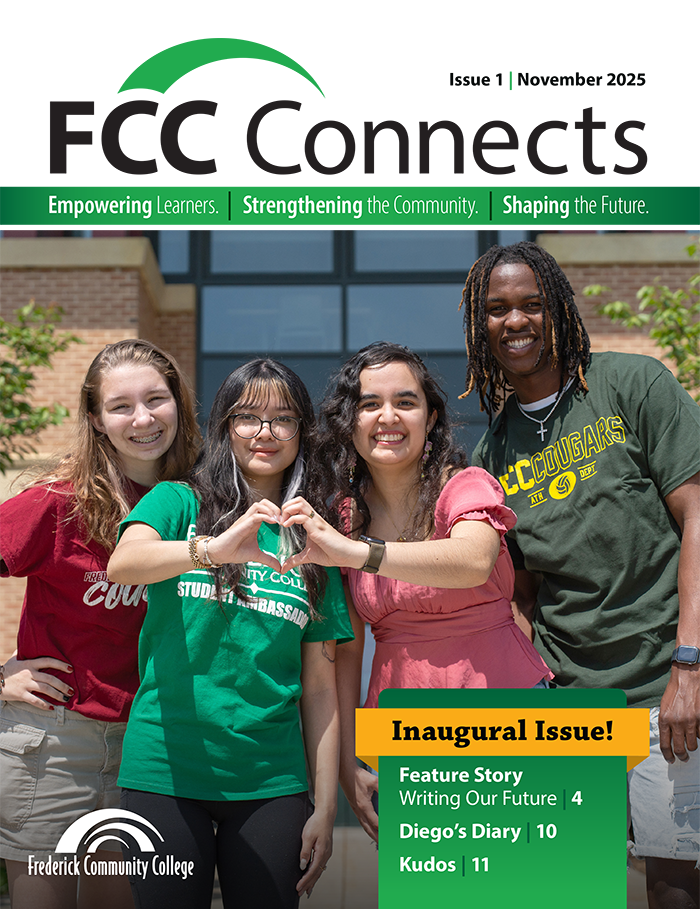 Cover of FCC Connects It features four diverse students smiling in front of a brick building. Two students in the center are making a heart shape with their hands. The cover highlights an Inaugural Issue and lists several articles