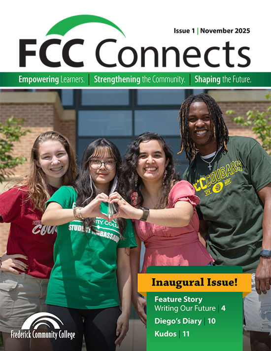 Cover of FCC Connects It features four diverse students smiling in front of a brick building. Two students in the center are making a heart shape with their hands. The cover highlights an Inaugural Issue and lists several articles