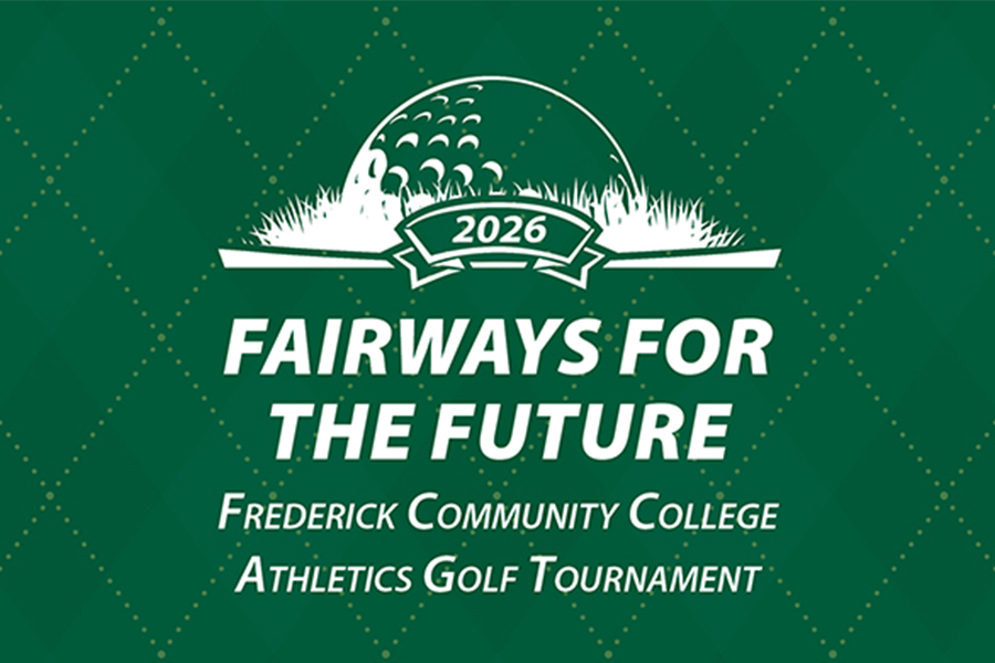 golf ball in grass on green pattern with diamonds and title Fairways for the Future FCC Athletics Golf Tournament