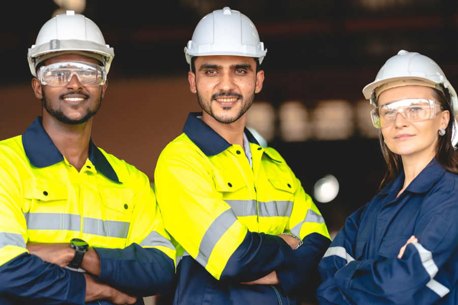 Three construction workers wearing white hard hats and safety glasses stand side by side with arms crossed, dressed in high-visibility yellow and navy work uniforms, looking confidently at the camera.