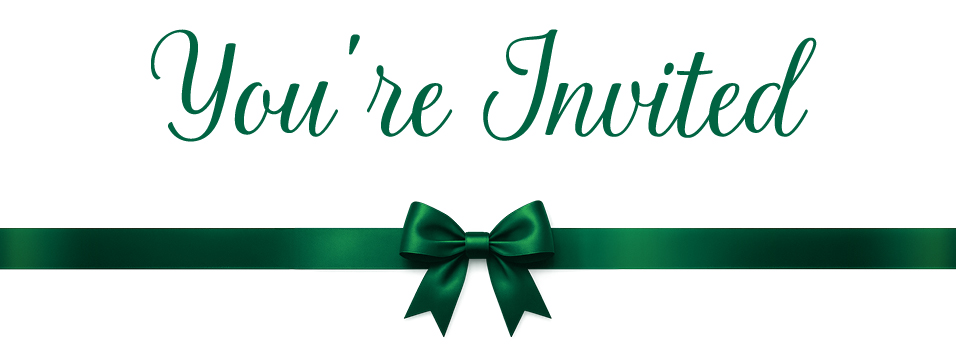 You're Invited text in green cursive script above a horizontal deep green satin ribbon tied in a bow.