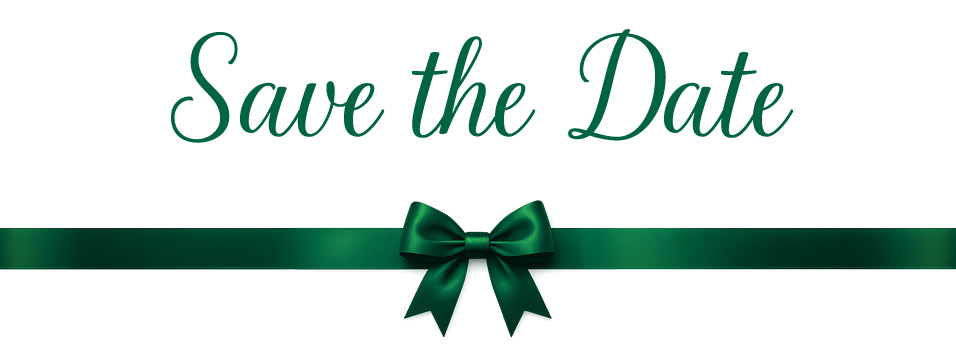 Save the Date text in green cursive script above a horizontal deep green satin ribbon tied in a bow.